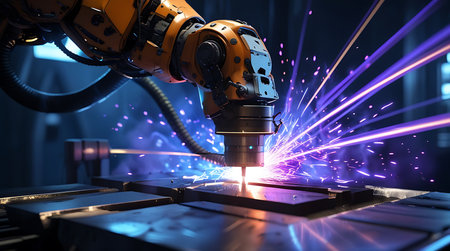Robotic Arm Welding with Vibrant Plasma Sparks in High-Tech Industrial Settingの素材