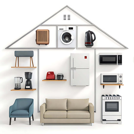 Household appliances in the form of a house on a white backgroundの素材