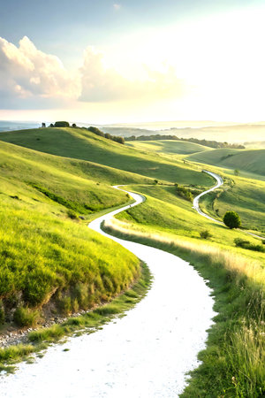 Scenic Winding Path Through Lush Green Hills at Sunset (3)の素材