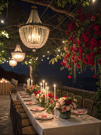 Romantic Outdoor Candlelit Dinner Setup with Elegant Table Decorの素材