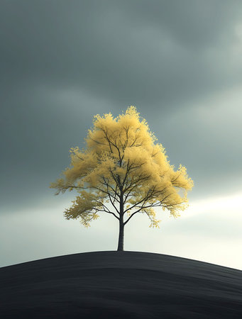 Tree on the hill with stormy sky background, 3d renderの素材