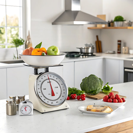 Vintage Kitchen Scale on Wooden Table â Retro Culinary Decor for Stock Photographyの素材