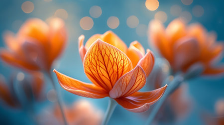 Orange crocus flowers on blue bokeh background with copy spaceの素材