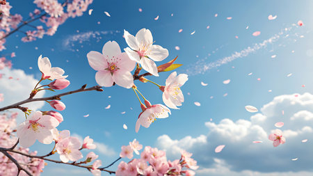 Serene Cherry Blossom Bloom Against a Soft Blue Sky â Springtime Nature Photographyの素材