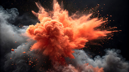 Vibrant Orange Powder Explosion - Dynamic Color Burst on Black Backgroundの素材