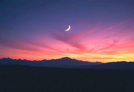 Stunning Sunset Over Serene Mountain Landscape â Majestic Evening Sky with Vibrant Colorsの素材