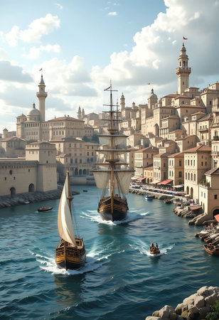 Sailing boats in the bay of the old city of Istanbul, Turkeyの素材