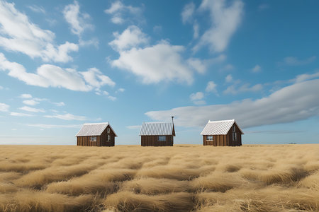 Three Isolated Wooden Cabins in a Vast Golden Field Under a Clear Sky â Minimalist Rural Landscapeの素材