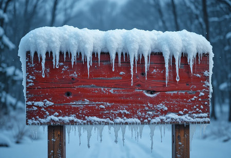 Wooden sign covered with snow and icicles in the winter forestの素材