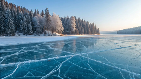 Frozen lake in the winter forest. Beautiful winter landscape. Russiaの素材