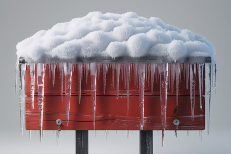 Red mailbox covered with icicles and snow on gray background. 3d illustrationの素材