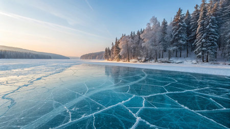 Frozen lake in the winter forest. Beautiful winter landscape with frozen lake.の素材