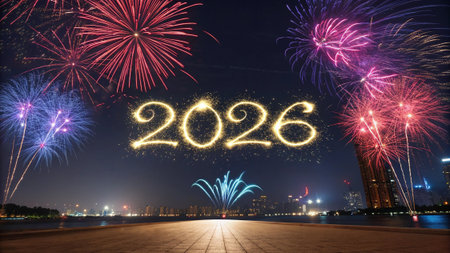 Happy new year 2023 written with Sparkle firework over the bridgeの素材