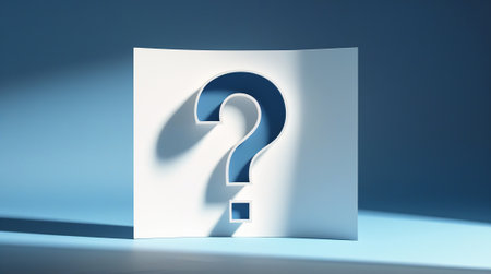 Question mark on a white paper sheet. 3D rendering. Blue background.の素材