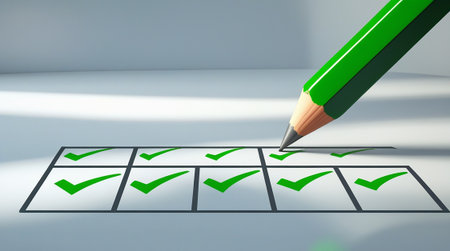 Checklist with green pencil on white background. 3D rendering.の素材