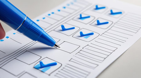 Checklist with blue pen, closeup of paper sheet with marksの素材