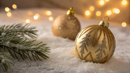 Christmas decoration on snow with bokeh background. New Year concept.の素材