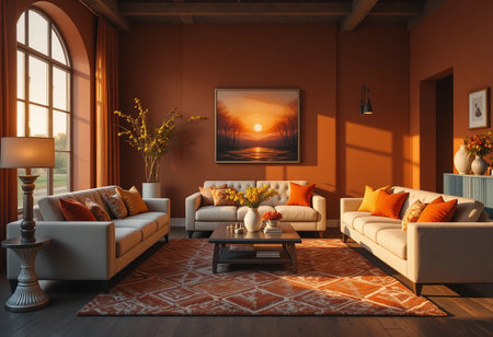 Interior of modern living room with orange walls, wooden floor and comfortable sofa. 3d renderの素材