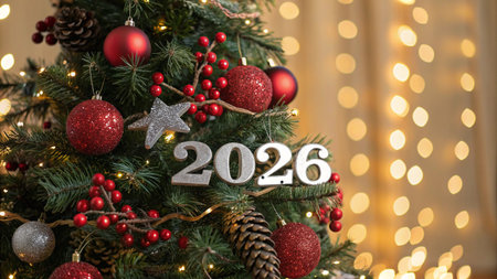 Decorated Christmas tree with red baubles and lights on backgroundの素材