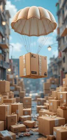 Fast order delivery icon of cardboard parcels on flying parachute.の素材