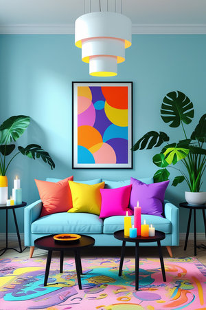 Interior of living room with blue sofa and colorful cushions, 3d renderの素材