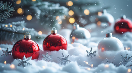 Red and white christmas balls on snow with bokeh backgroundの素材