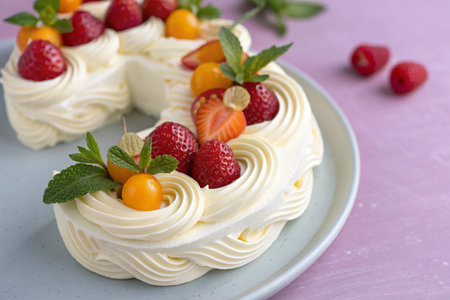 Delicious Pavlova cake with fresh berries on plate, closeupの素材