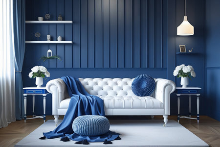 Blue living room interior with white sofa and blue wall. 3d renderingの素材