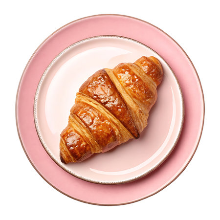 Plate with tasty croissant on white background, top viewの素材