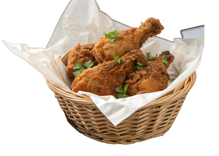 Fried chicken drumsticks in a basket isolated on white background.の素材