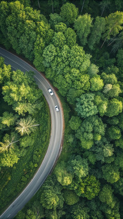 Aerial view of a winding road through the green forest in Polandの素材