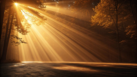 Autumn forest with sun rays shining through the trees and illuminating the groundの素材