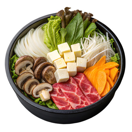 Bibimbap in a black bowl isolated on white background.の素材