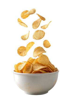 Potato chips in bowl isolated on white background with clipping path.の素材
