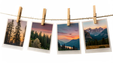 photo frames hanging on a clothesline with clothespins isolated on white backgroundの素材