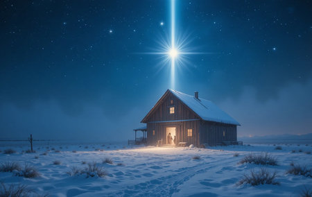 Winter landscape with a wooden house and a star in the sky.の素材