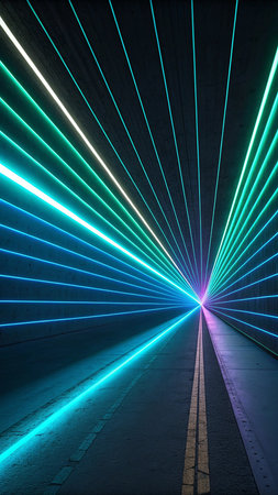 3D rendering of a long corridor with neon lights in a tunnelの素材