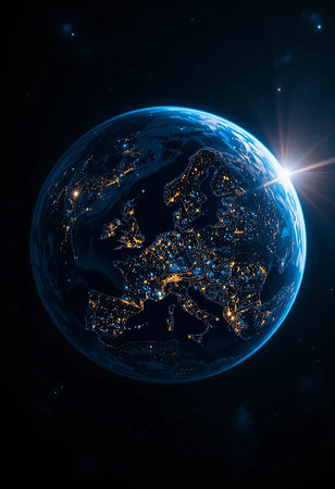 Europe from space on planet Earth with visible city lights. 3D illustration.の素材
