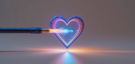 Fiber optic cable with glowing heart shape, 3d render illustrationの素材