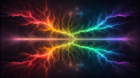 3D illustration of lightning in the space. Abstract energy background.の素材