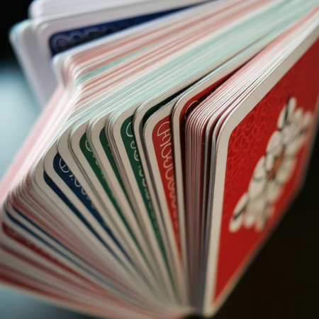 A macro shot focuses on the edges of a fanned out deck of playing cards. The cards display a variety of colored edges including red, green, and blue, with some white borders. The closest card on the right is red with a white floral pattern. The composition creates a sense of depth and texture with the overlapping cards.の素材