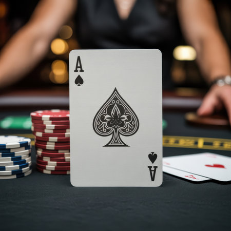 A close-up, ultra-realistic view of an ace of spades playing card dominates the foreground. The card is white with a large, intricately detailed black spade symbol and the letter 'A' at the top left. Below the spade, a smaller spade symbol and the letter 'A' are visible. To the left of the ace, stacks of red and blue poker chips are arranged. In the background, a person's hands are visible, suggesting a game in progress. The lighting creates a shallow depth of field with a bokeh effect in the background, highlighting the card and chips.の素材