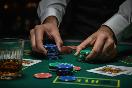Casino showing two hands gripping stacks of blue and green casino chips on a green felt table gambling poker. High resolution image suitable for commercial use. Clear details and vibrant colors enhance visual appeal.の素材