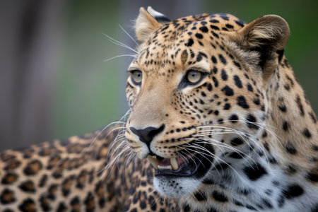 A close-up portrait of a leopard's face, angled to the left. Its eyes are a striking yellow-green, fixed in an intense gaze. The leopard's mouth is slightly open, revealing sharp teeth and fangs. Its fur is a tan color with distinctive black spots, and white whiskers fan out from its muzzle. The background is softly blurred green and grey, creating a shallow depth of field.の素材