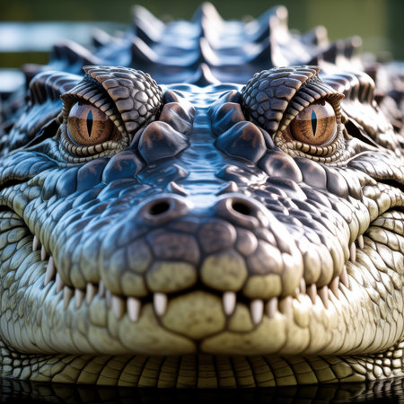 An extreme close-up captures the intricate details of a crocodile's eye and snout. The eye, a piercing amber with a vertical pupil, is surrounded by a textured, scaly eyelid. The surrounding skin is a mosaic of dark brown and grey scales, with hints of green and blue reflecting light. Sharp, white teeth protrude from the closed jaws, and the rough texture of the crocodile's hide is evident throughout the frame. The background is softly blurred, suggesting a natural environment.の素材