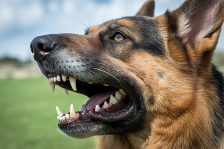 Extreme close-up of a German Shepherd dog's head and open mouth. The dog's amber eye is visible, looking to the left. Its mouth is open, revealing sharp white teeth and a dark pink tongue. The fur is a mix of brown, black, and tan. The background is a blurred green field under a blue sky with white clouds.の素材