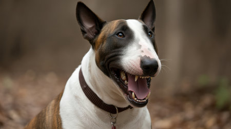 A close-up portrait of a bull terrier dog outdoors. The dog has a white body with brindle and black markings on its head and back. Its mouth is open, revealing sharp teeth and a pink tongue. The dog wears a dark brown collar with a metal ring. The background is blurred, showing brown leaves on the ground and muted green and brown foliage, suggesting a natural outdoor setting.の素材