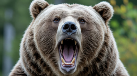Extreme close-up of a grizzly bear's face with its mouth wide open, revealing sharp teeth and a pink tongue. The bear's fur is a mix of brown and tan with dark accents. Its dark eyes are visible, and its black nose is prominent. The background is a soft blur of green and yellow foliage, suggesting a natural outdoor setting. The composition focuses intensely on the bear's aggressive vocalization.の素材