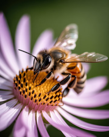 An extreme macro photograph captures a honey bee with intricate detail as it rests on the center of a delicate pink aster flower. The bee's fuzzy body displays distinct black and orange stripes, its transparent wings are visible, and its hairy legs are positioned on the bright yellow pollen-covered stamen. The flower's soft pink petals extend outwards, creating a gentle contrast with the sharp focus on the bee and the flower's center. The background is a soft, blurred green, emphasizing the subject.の素材
