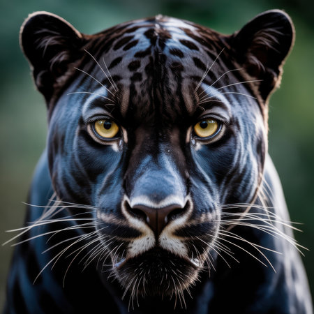 Panther showing extreme close up macro shot of black panther face with piercing yellow eyes leopard jaguar. High resolution image suitable for commercial use. Clear details and vibrant colors enhance visual appeal.の素材